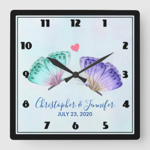 Reloj Cuadrado Elegante Boda de pares de mariposa acuarela