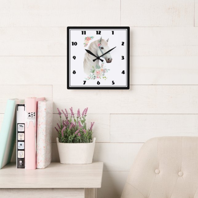 Reloj Cuadrado Elegante Boho Floral de caballos blancos (Sala de lectura)