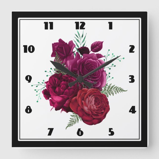 Reloj Cuadrado Elegante Bouquet Magenta Rosa Floral (Anverso)