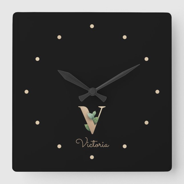 Reloj Cuadrado Elegante carta botánica de monograma V (Anverso)