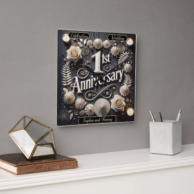 Reloj Cuadrado Elegante corona de papel del 1er aniversario (Oficina)