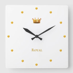 Reloj Cuadrado Elegante Corona Dorada y Puntos Dorados sobre Blan