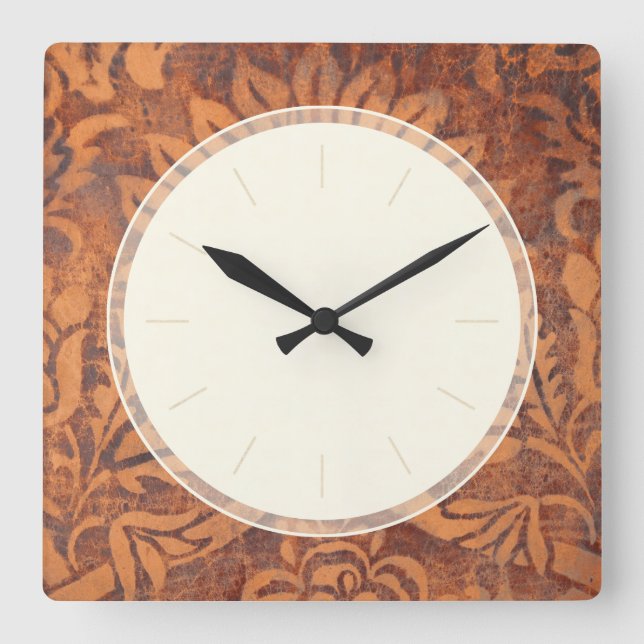 Reloj Cuadrado Elegante Damasco de cuero antiguo renacentista (Anverso)