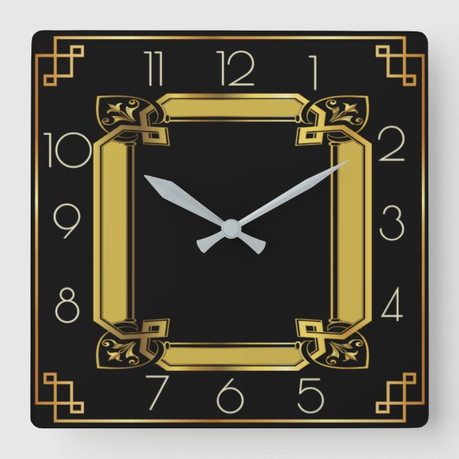Reloj Cuadrado Elegante deco de arte negro y dorado (Anverso)