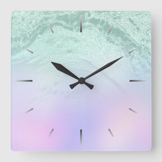 Reloj Cuadrado Elegante degradado moderno menta verde purpurina p (Anverso)