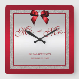 Reloj Cuadrado Elegante Día de Boda Purpurina Rojo y Plata