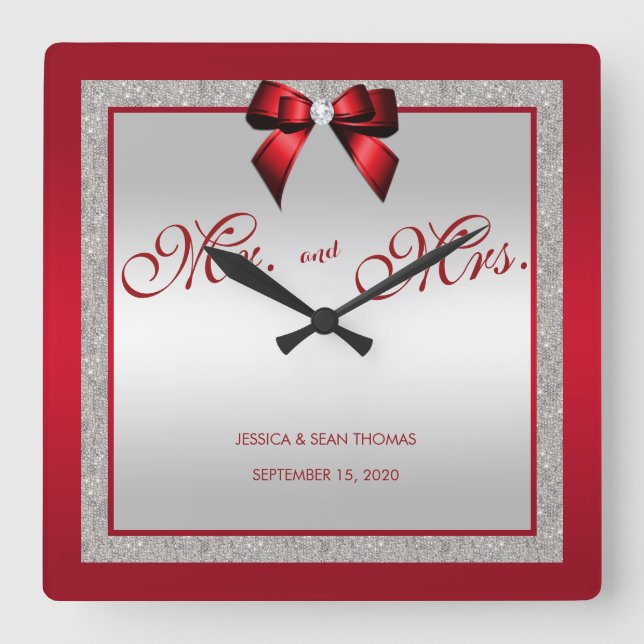 Reloj Cuadrado Elegante Día de Boda Purpurina Rojo y Plata (Anverso)