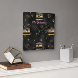 Reloj Cuadrado Elegante Diseño de Diamante Negro y Oro