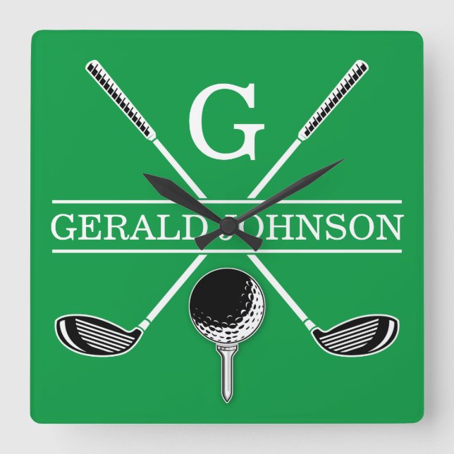 Reloj Cuadrado Elegante diseño de monograma de golf (Anverso)