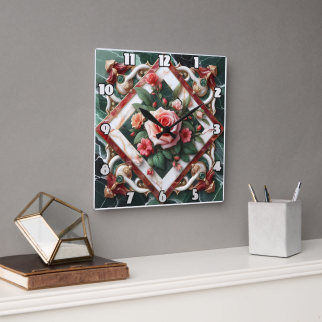 Reloj Cuadrado Elegante Diseño Floral Con Rosas Pintados (Oficina)