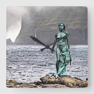 Reloj Cuadrado elegante estatua de sirena de bronce