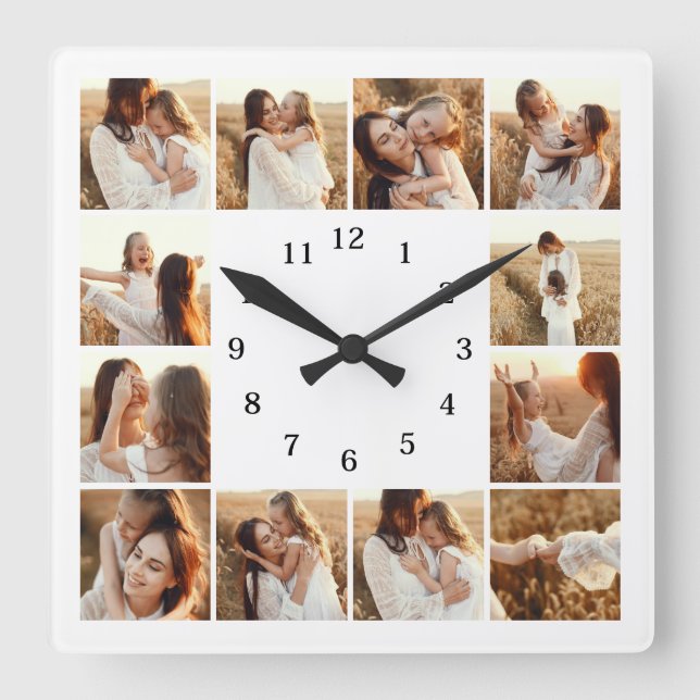 Reloj Cuadrado Elegante Familia Moderna 12 Collage de fotos Keeps (Anverso)