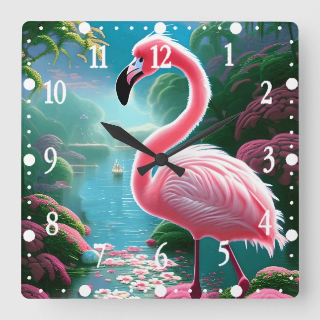 Reloj Cuadrado Elegante Flamingo Tropical-70852 (Anverso)
