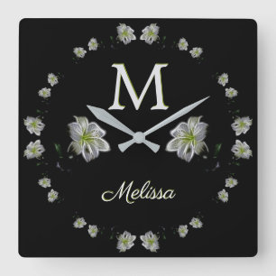 Reloj Cuadrado Elegante floral de lirios blancos