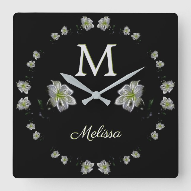 Reloj Cuadrado Elegante floral de lirios blancos (Anverso)