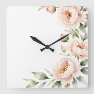 Reloj Cuadrado Elegante fondo floral de peonía con acuarela desva