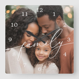 Reloj Cuadrado Elegante foto de familia con superposición de letr