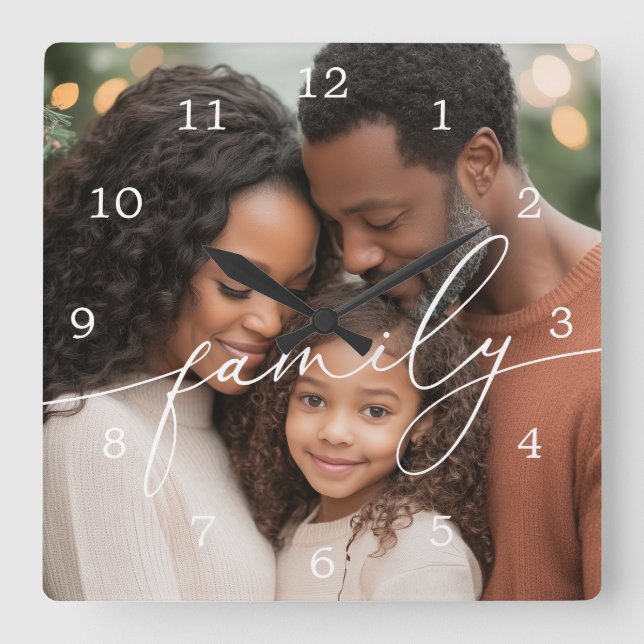 Reloj Cuadrado Elegante foto de familia con superposición de letr (Anverso)
