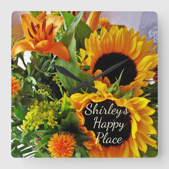 Reloj Cuadrado Elegante Girasol, Lily Happy Place Fall Bouquet S (Anverso)