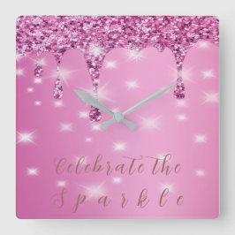 Reloj Cuadrado Elegante goteo de purpurina rosa intenso