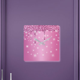 Reloj Cuadrado Elegante goteo de Purpurina rosado caliente