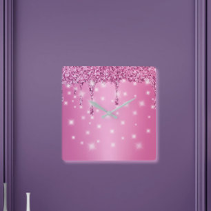 Reloj Cuadrado Elegante goteo de Purpurina rosado caliente
