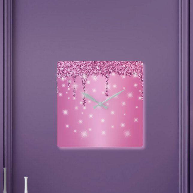 Reloj Cuadrado Elegante goteo de Purpurina rosado caliente (Hot pink glitter drip wall clock – a chic, glam gift for bachelorette gifts for bride, or bridesmaid)