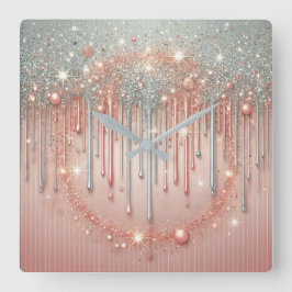 Reloj Cuadrado Elegante goteo Purpurina rosado y plateado de Rubo