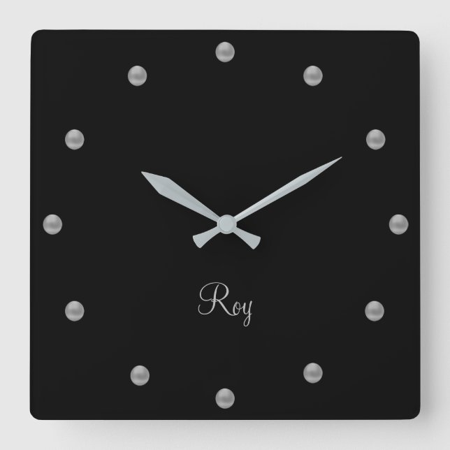 Reloj Cuadrado Elegante gris plateado sobre negro (Anverso)
