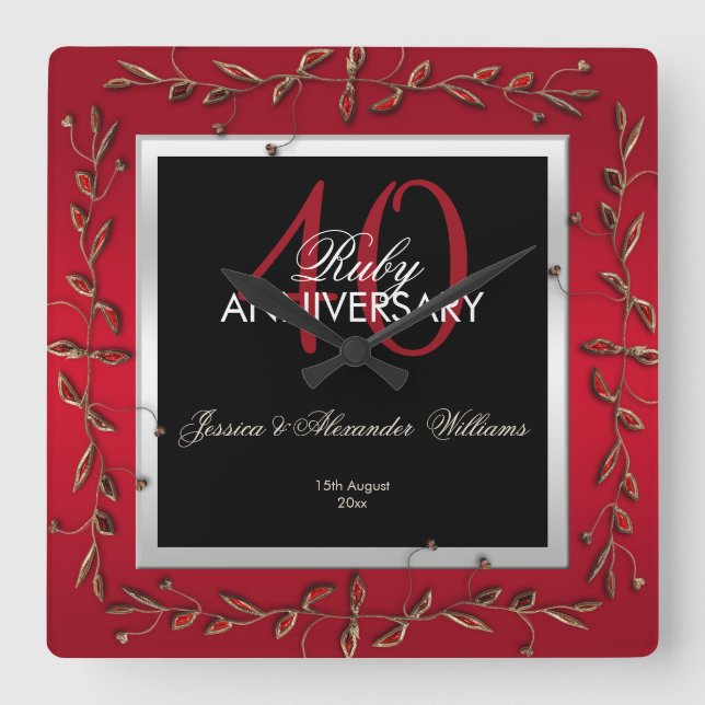 Reloj Cuadrado Elegante guijarros de rugby 40° aniversario Boda (Anverso)