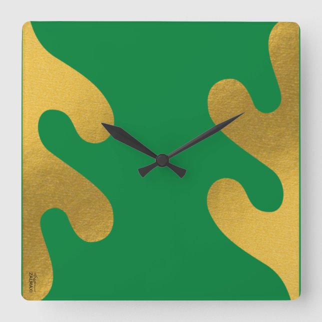 Reloj Cuadrado Elegante hoja de resumen verde oro (Anverso)