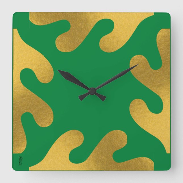 Reloj Cuadrado Elegante hoja de resumen verde oro (Anverso)