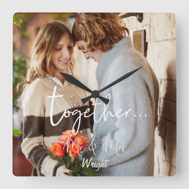 Reloj Cuadrado Elegante Juntos Sr. y Sra. Photo Personalizado (Anverso)