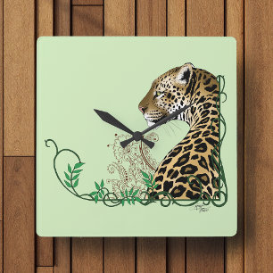 Reloj Cuadrado Elegante Leopardo Verde Botánico Henna
