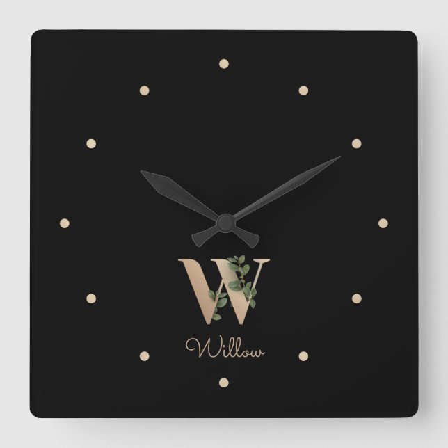 Reloj Cuadrado Elegante letra botánica de monograma W (Anverso)