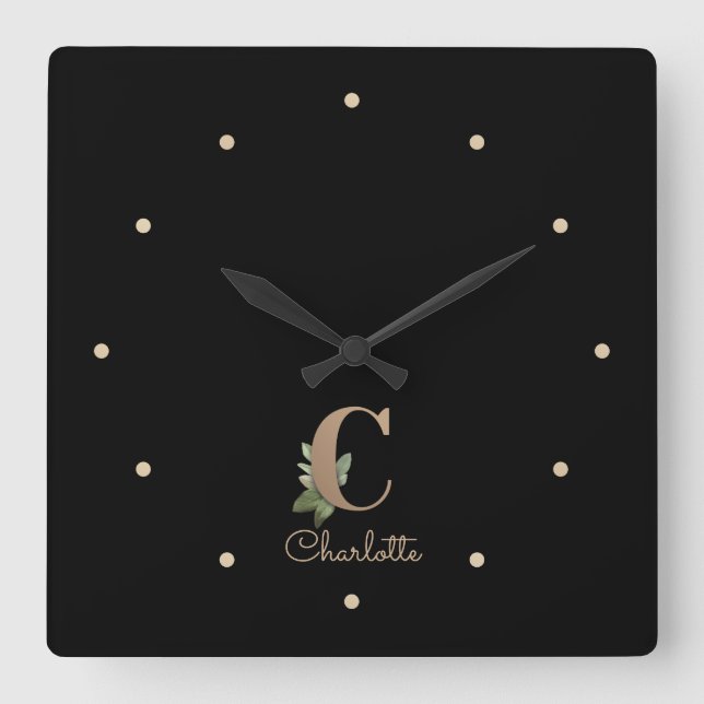 Reloj Cuadrado Elegante Letra botánica monograma C (Anverso)