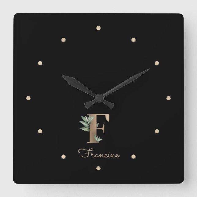 Reloj Cuadrado Elegante Letra botánica monograma F (Anverso)