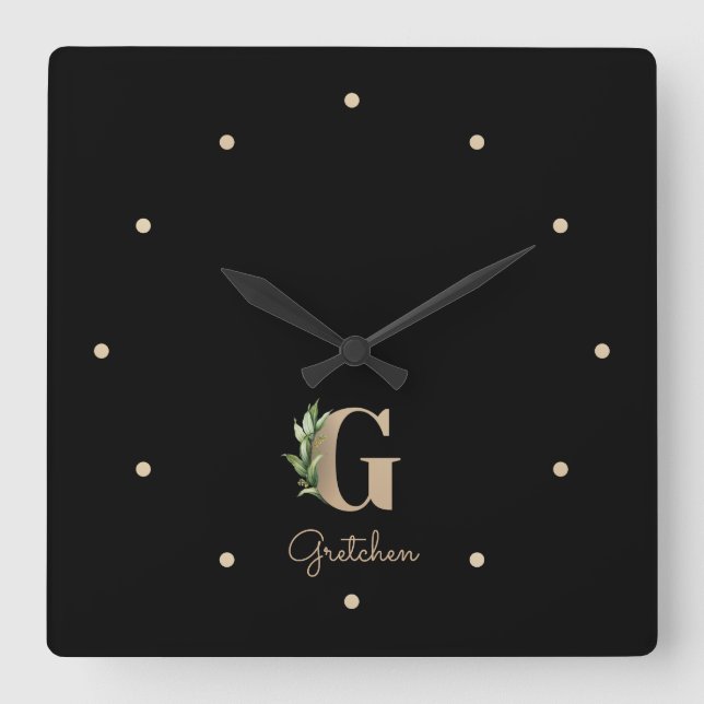 Reloj Cuadrado Elegante Letra botánica monograma G (Anverso)