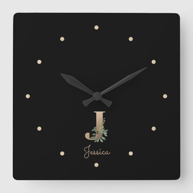 Reloj Cuadrado Elegante Letra botánica monograma J (Anverso)