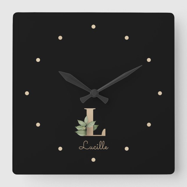 Reloj Cuadrado Elegante Letra botánica monograma L (Anverso)