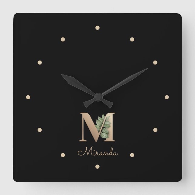 Reloj Cuadrado Elegante Letra botánica monograma M (Anverso)