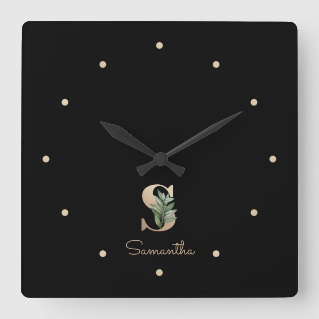 Reloj Cuadrado Elegante Letra botánica monograma S (Anverso)