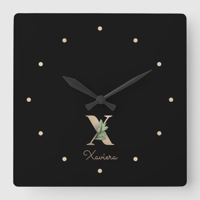 Reloj Cuadrado Elegante Letra botánica monograma X (Anverso)