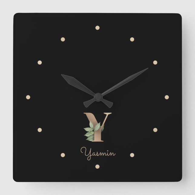Reloj Cuadrado Elegante Letra botánica monograma Y (Anverso)