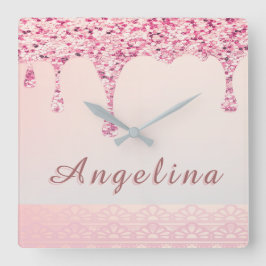 Reloj Cuadrado Elegante Lluvia de Purpurina Rosa Glam con Encaje