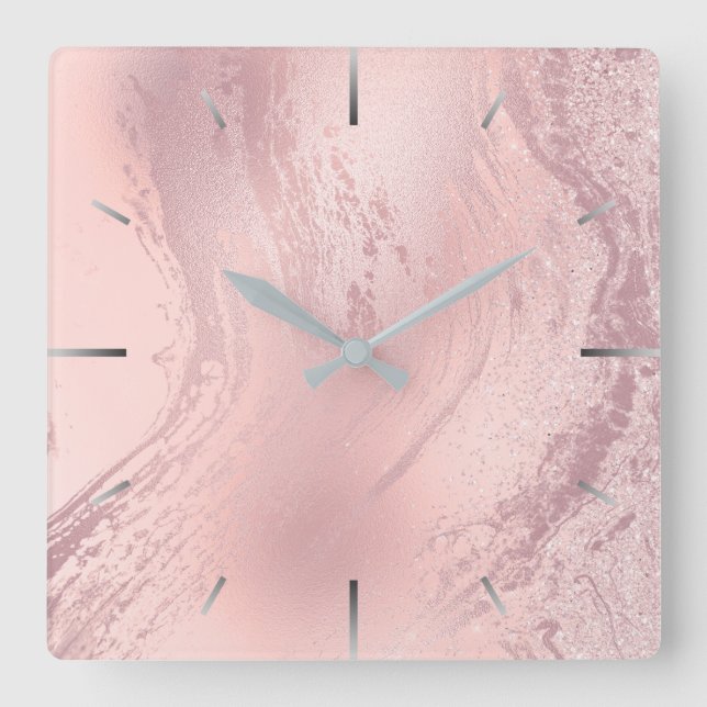 Reloj Cuadrado Elegante mármol rosa rosa dorado purpurina (Anverso)