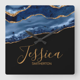 Reloj Cuadrado Elegante Navy Blue Gold Marble Agble Name