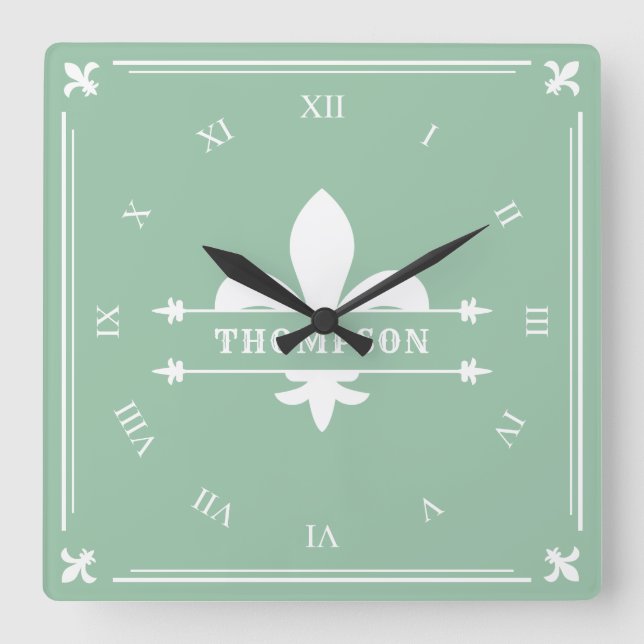 Reloj Cuadrado Elegante nombre personalizado Sage Green White Fle (Anverso)