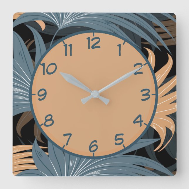 Reloj Cuadrado Elegante Palm Leaves Foliage Patrón Beige Gris (Anverso)
