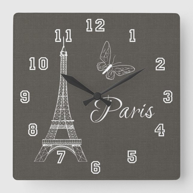 Reloj Cuadrado Elegante París Torre Eiffel Mariposa gris oscuro (Anverso)